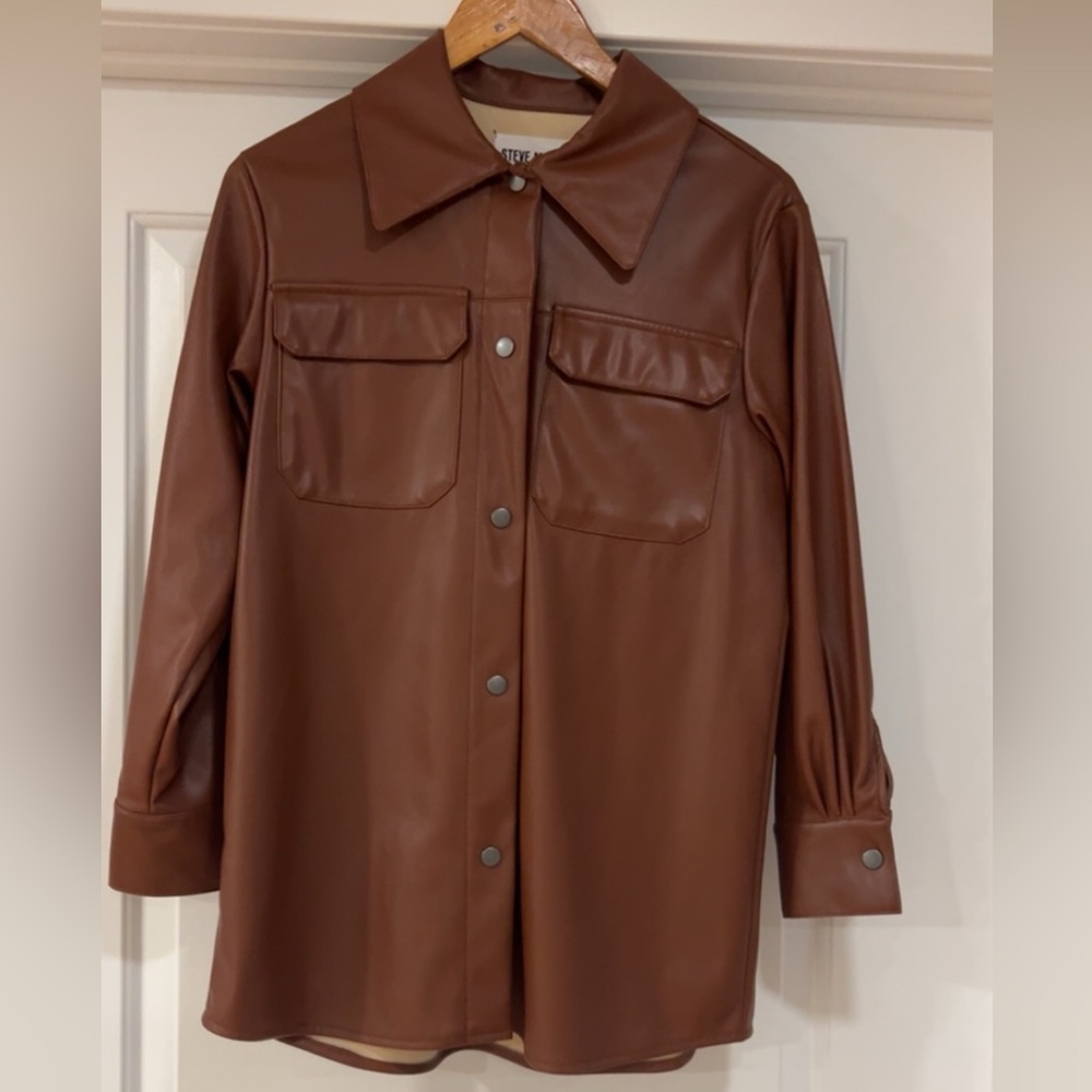 Long Brown Faux Leather button down jacket